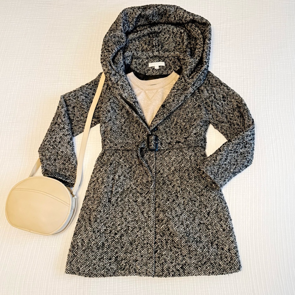 Black White Tweed Coat Belted Hooded Peacoat Women’s Medium Classic Fall Winter